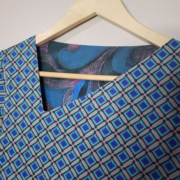 Animapop XS Small Long Sleeve Blue Print Asymmetrical Neckline Reversible Dress - Picture 2 of 16